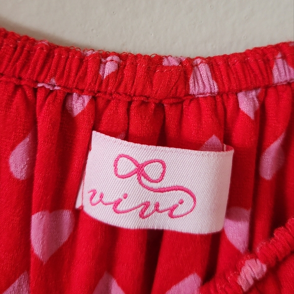 Vivi Red With Pink Hearts Dress Size Medium Off The Shoulder And Waist Tie - Picture 6 of 8